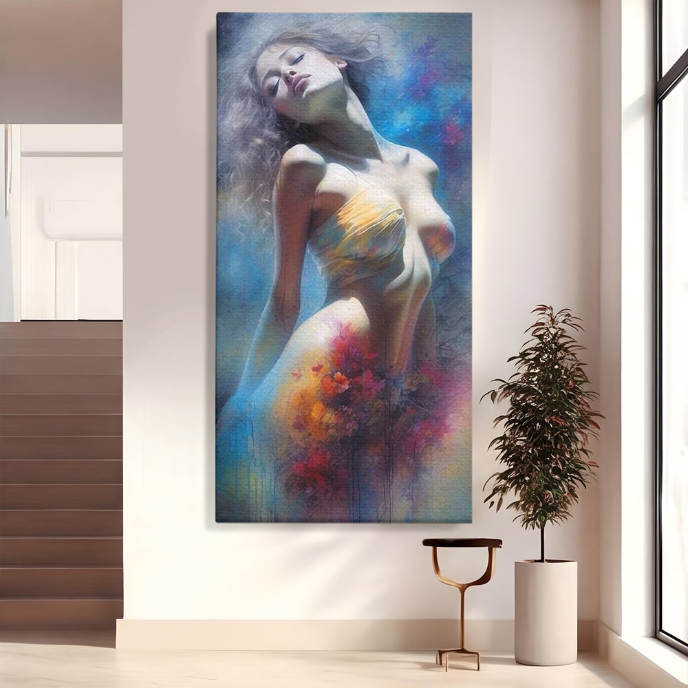Tablou canvas cu tablou canvas cu femeie si flori, fara rama, pe sasiu de lemn